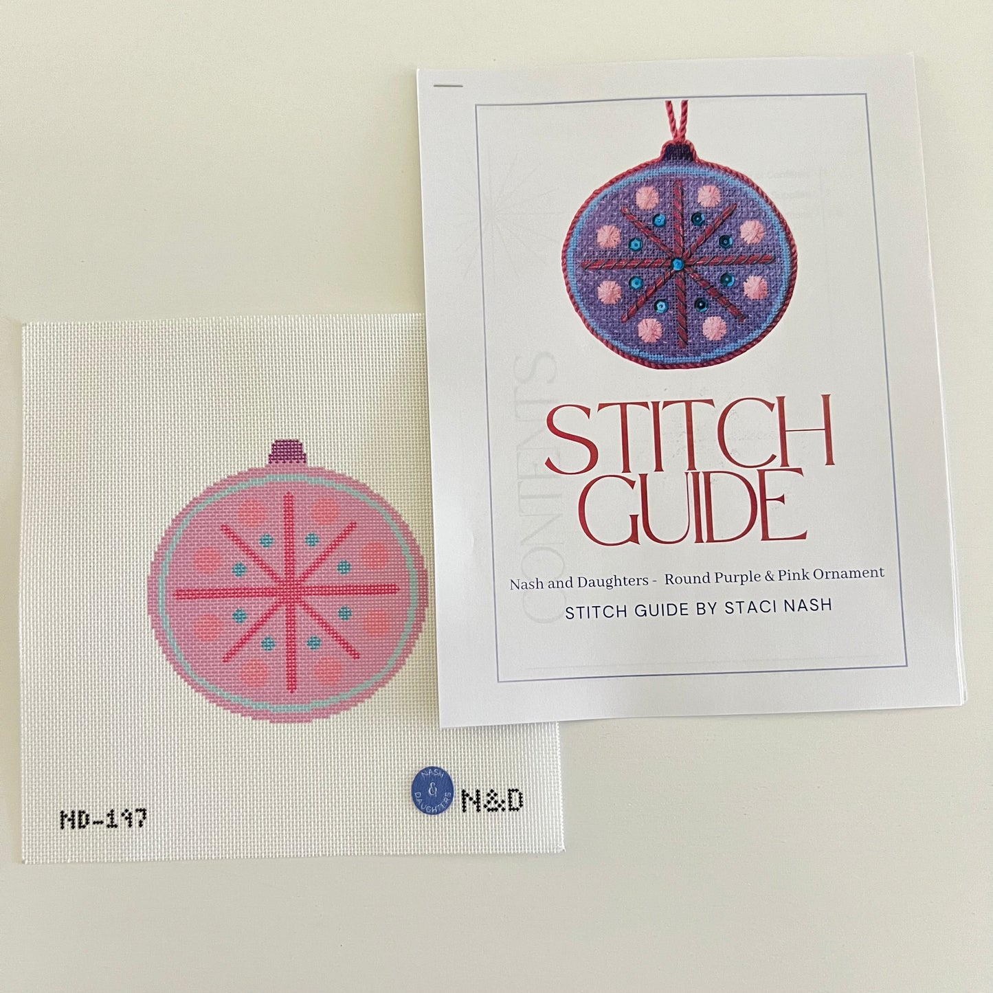 Mid Century Mod Ornament - Round Purple and Pink with Stich Guide