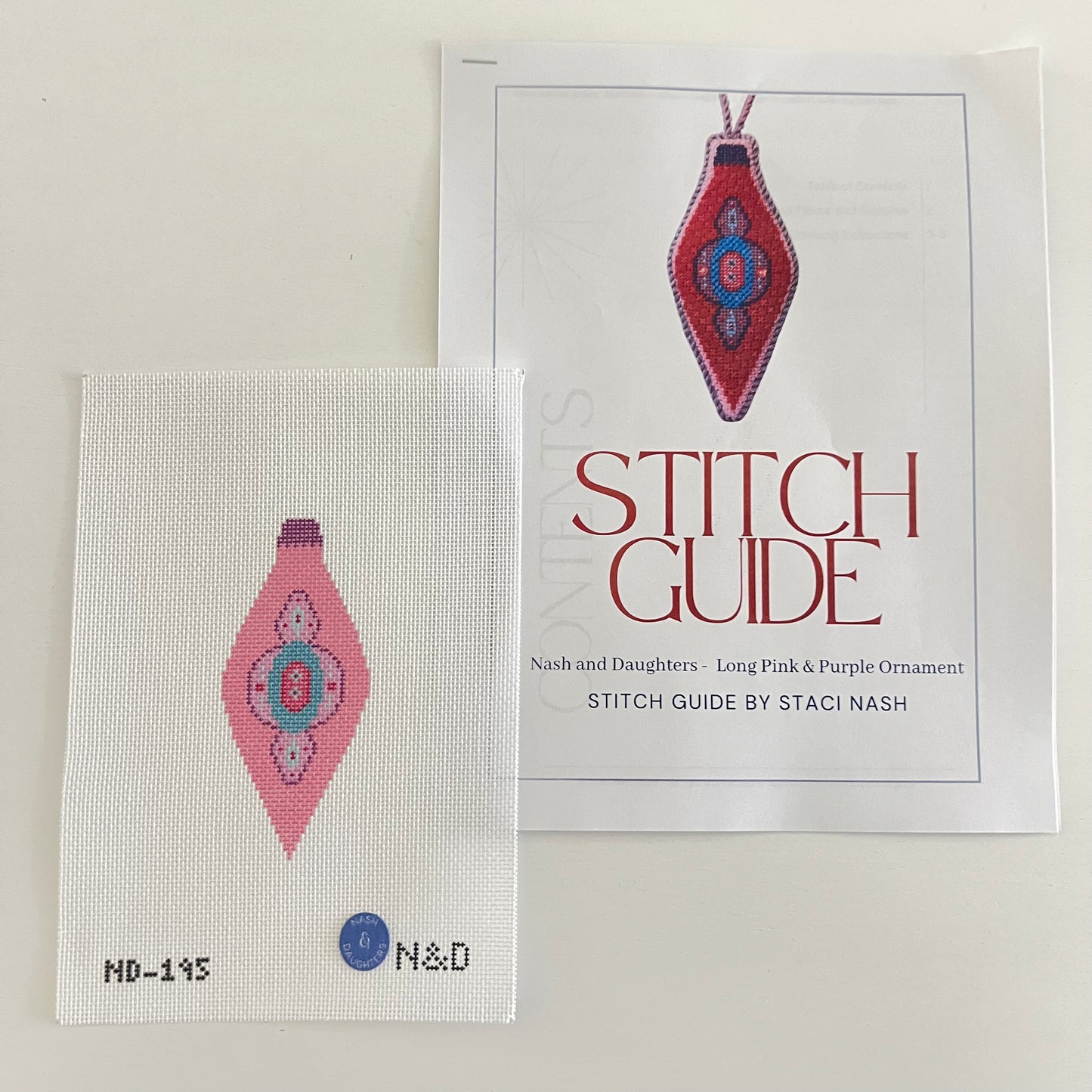 Mid Century Mod Ornament - Long Pink & Purple with Stich Guide