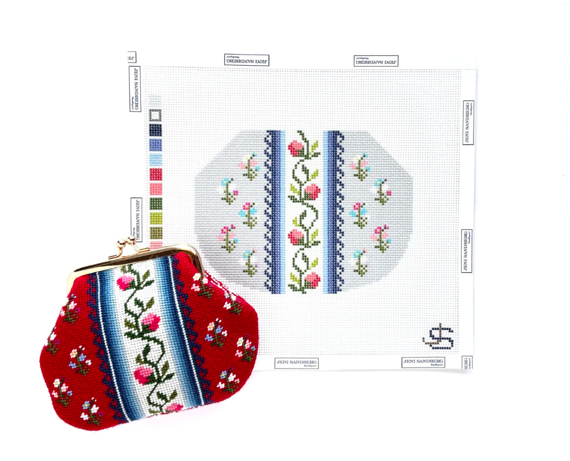 Grayscale Floral Stripe Kiss Lock Bag Needlepoint Canvas