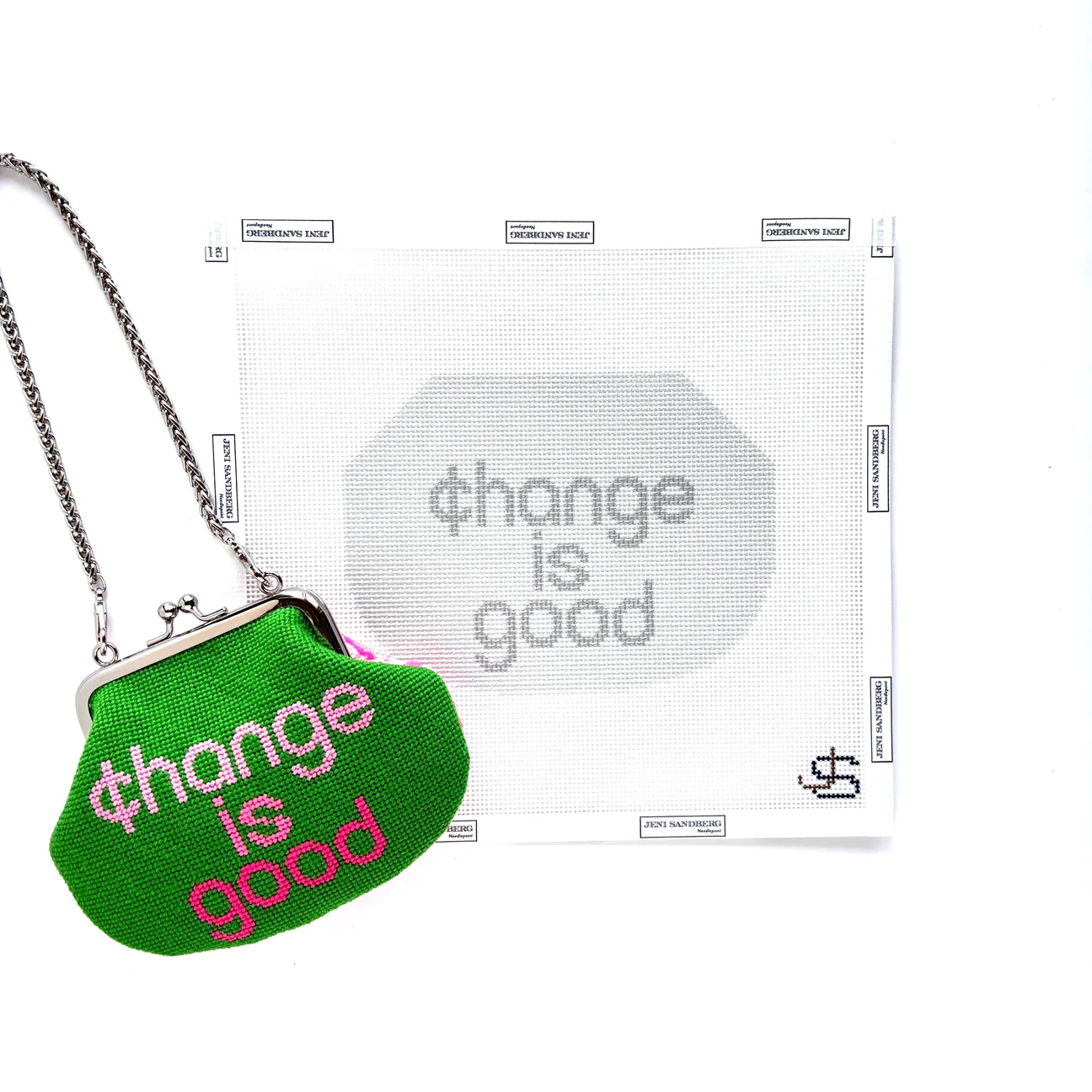 Change is Good Kiss Lock Bag Needlepoint Canvas (grayscale)