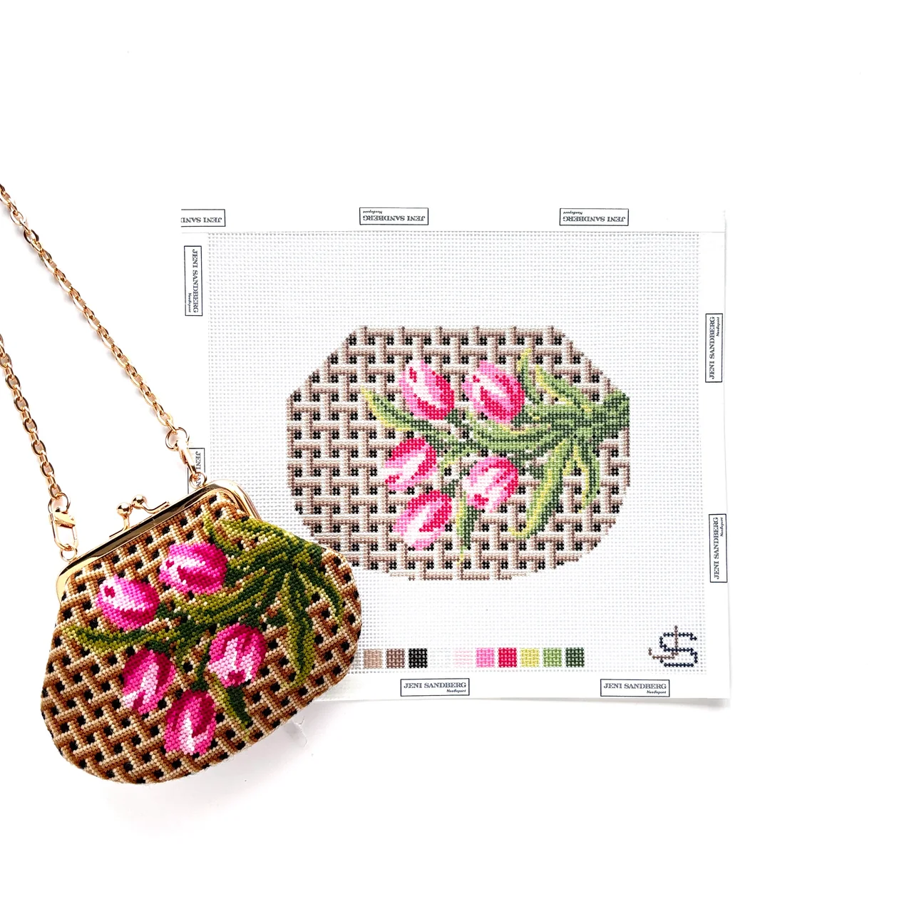 Tulips w Basketweave Kiss Lock Bag Needlepoint Canvas