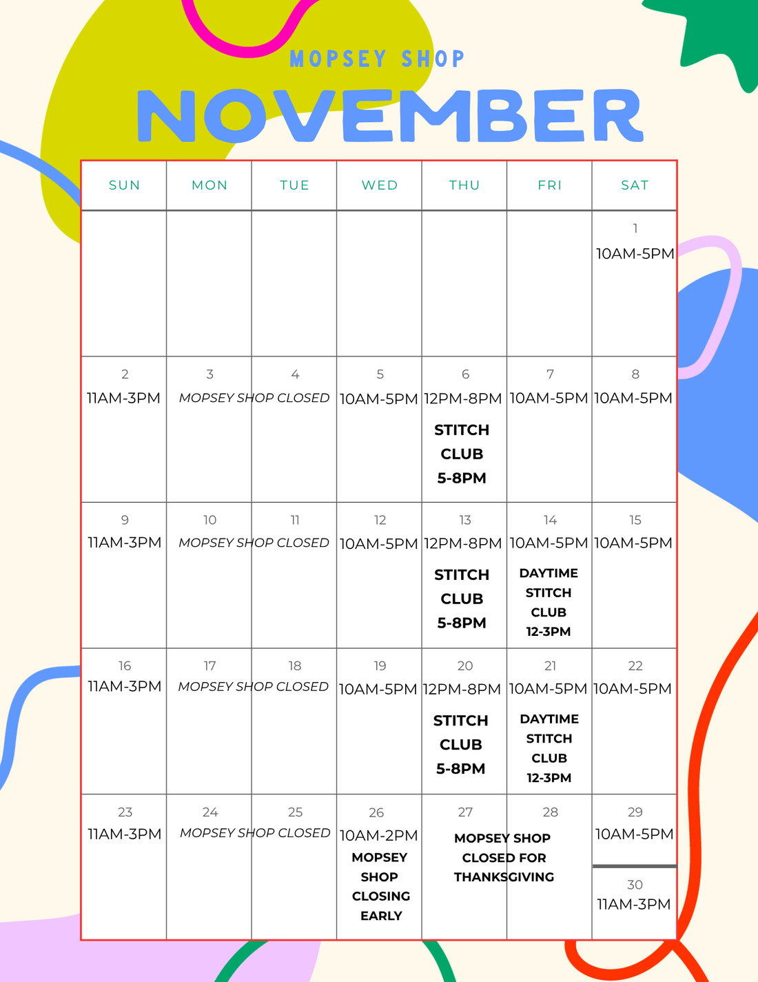 November at Mopsey Shop