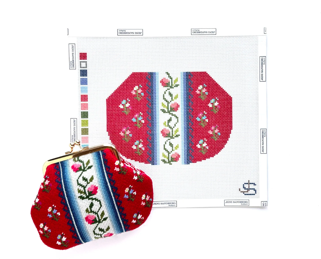 Red Floral Stripe Kiss Lock Bag Needlepoint Canvas