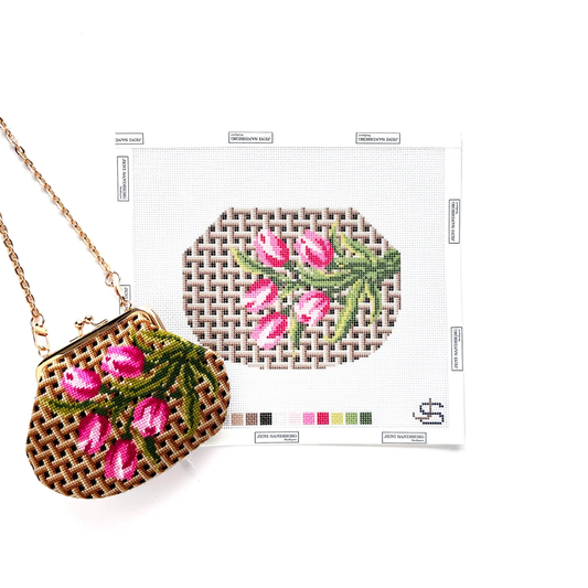 Tulips w Basketweave Kiss Lock Bag Needlepoint Canvas